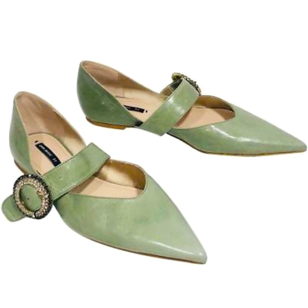 Embellished Bejewelled Brooch Pointy Leather Flats